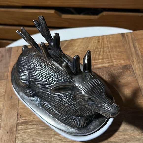 Pottery Barn Stag pewter butter dish in EUC RARE - Picture 2 of 6